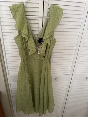NWT Maison Tara Sage Green Ruffled Wrap Midi Dress, Size 12